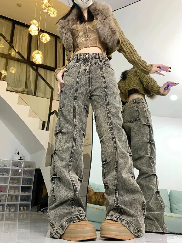 Vintage Flared Jeans Women Fashion Baggy Pleated Wide Leg Denim Pants Y2k High Waist Pants