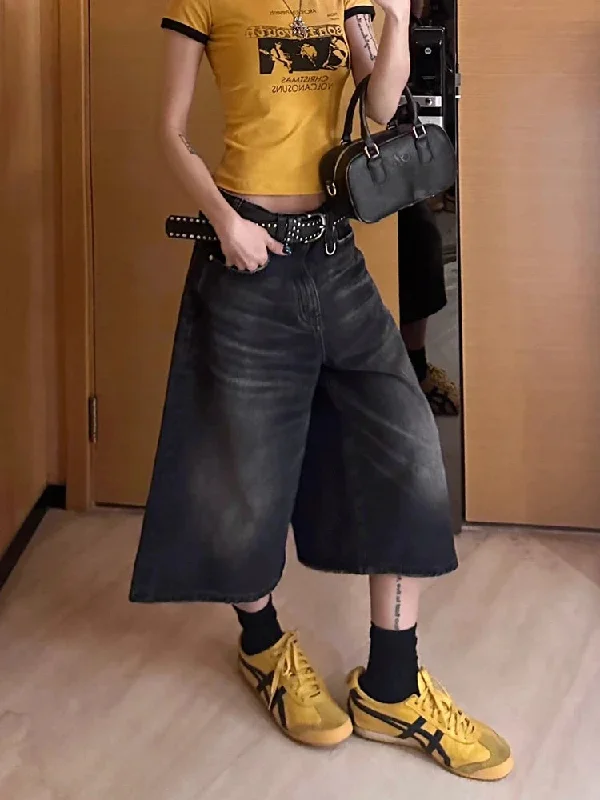 Calf-Length Shorts Jeans Women Streetwear Vintage Oversize Wide Leg Denim Pants