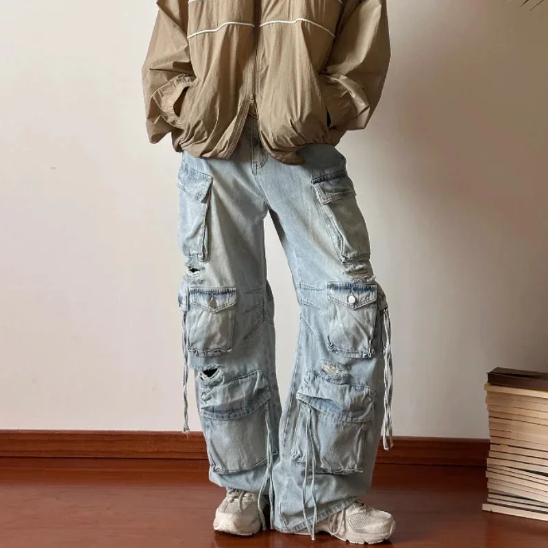 Solid Jeans Men's Design Sense Hip-hop Hole Washed Mid-waist Loose Drag Wide Pants