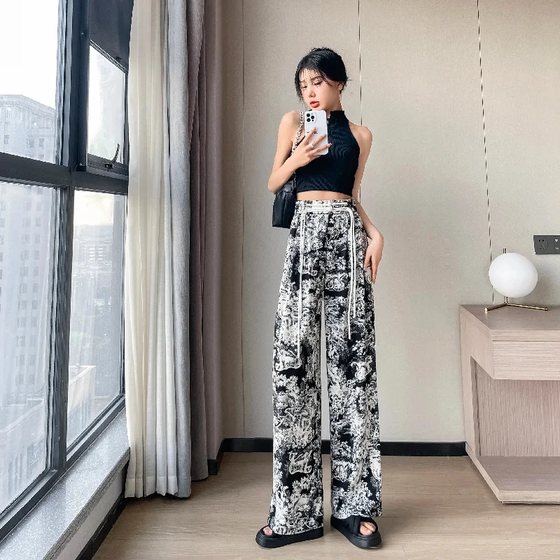 2024 High Waist Casual Summer Slacks Pants Women Ice Silk Ankle-Length Long Pants