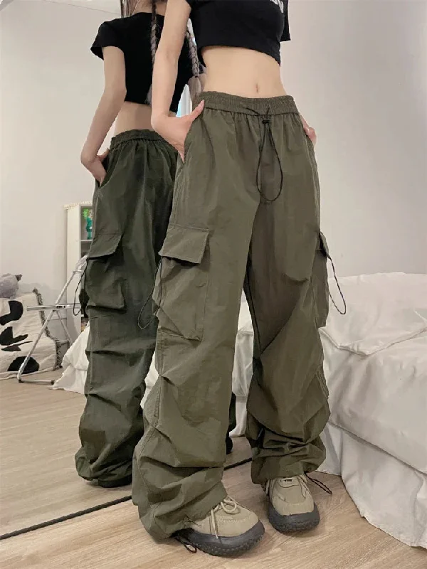 Women Cargo Parachute Pants Y2k Vintage Streetwear High Waist Joggers Baggy Wide Leg Pants