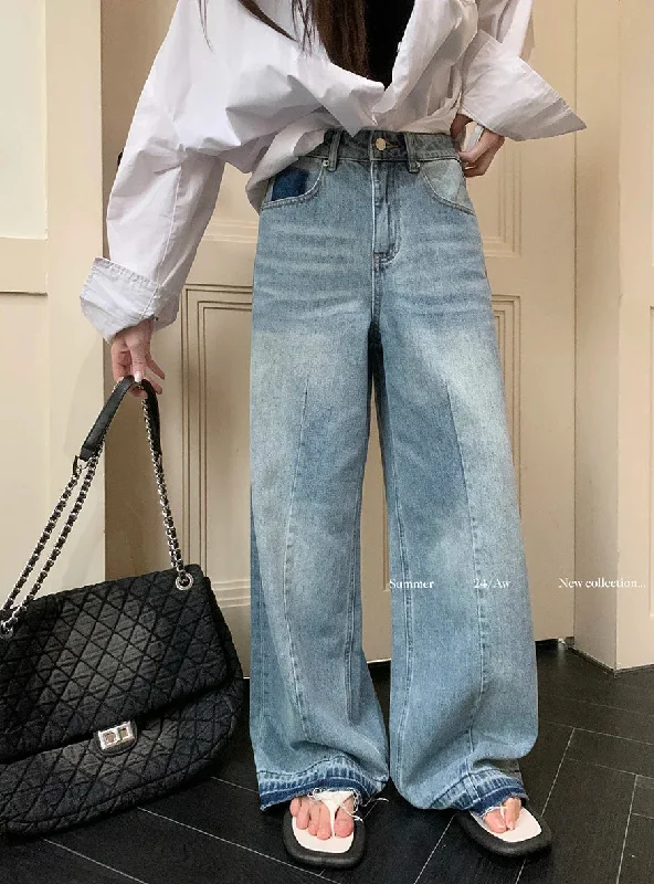 Streetwear Hem Wide Leg Women Vintage Y2k Baggy Pants High Waist Straight Long Jeans