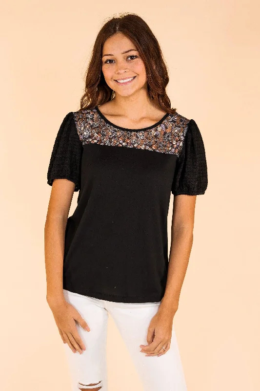 Black Top With Floral Lace and Puff Sleeve