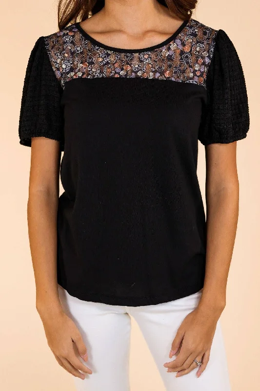 Black Top With Floral Lace and Puff Sleeve