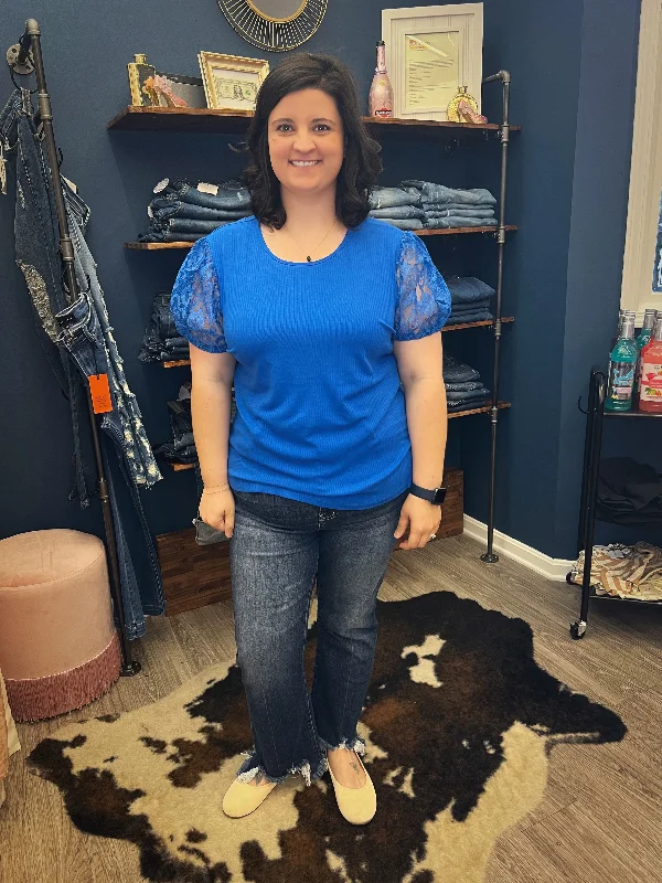 Blue Ribbed Tee With Lace Puff Sleeve