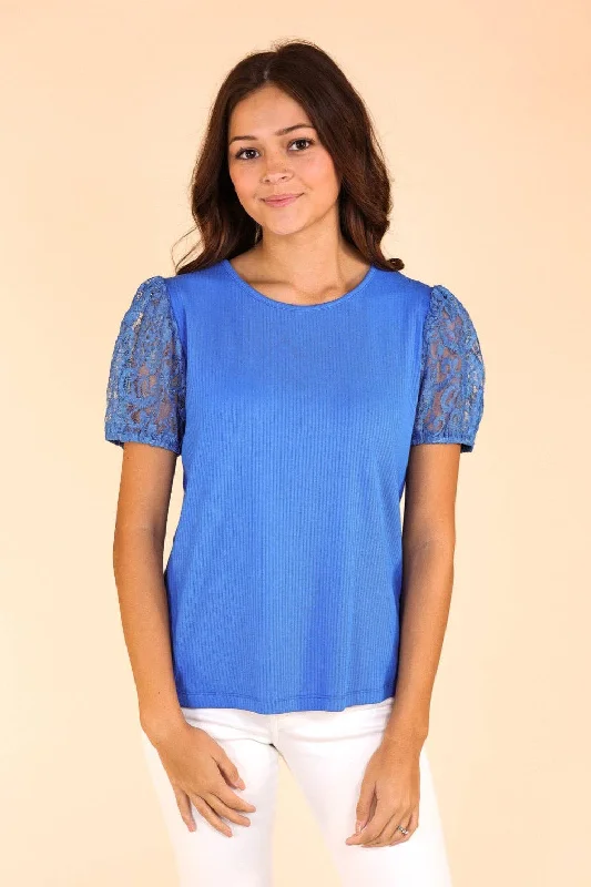 Blue Ribbed Tee With Lace Puff Sleeve