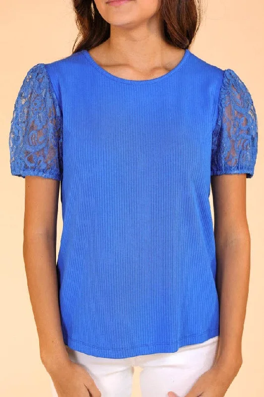 Blue Ribbed Tee With Lace Puff Sleeve