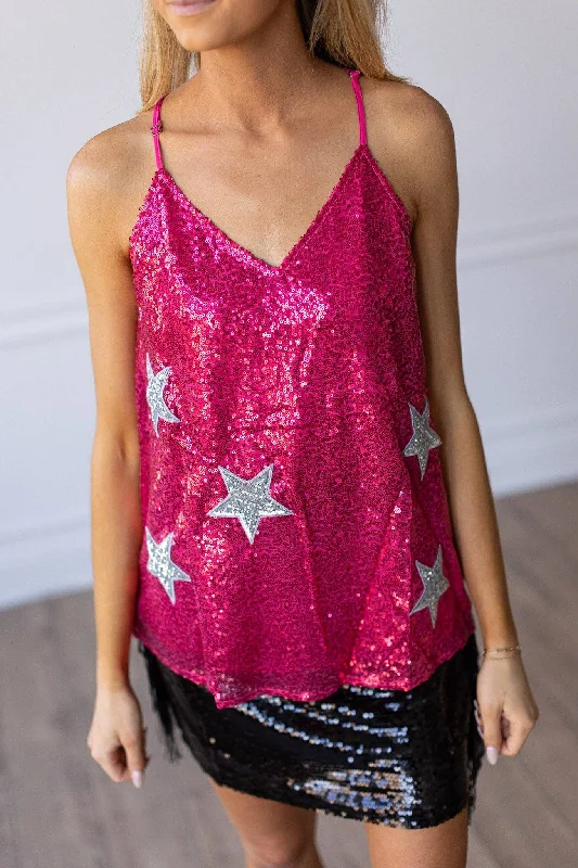 Destined To Shine Hot Pink Sequin Tank with Silver Stars: Hot Pink