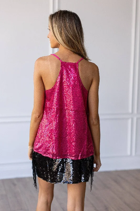 Destined To Shine Hot Pink Sequin Tank with Silver Stars: Hot Pink