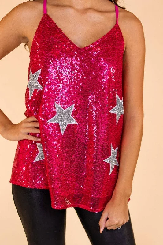 Destined To Shine Hot Pink Sequin Tank with Silver Stars: Hot Pink