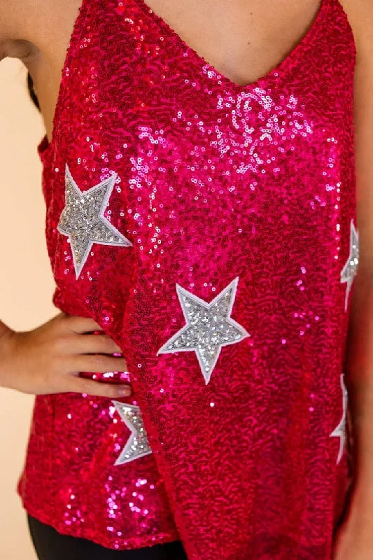 Destined To Shine Hot Pink Sequin Tank with Silver Stars: Hot Pink