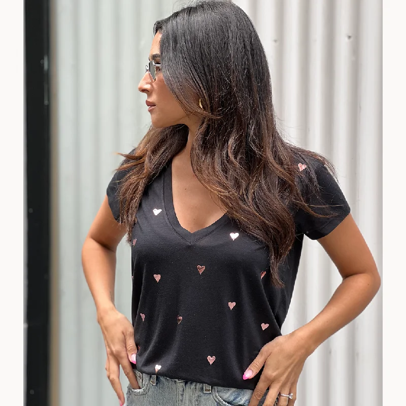 Fran V-neck Black T-Shirt - Rose Gold Foil Hearts