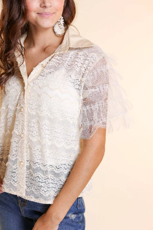 Hometown Honey Lace Button Down with Tulle Sleeve