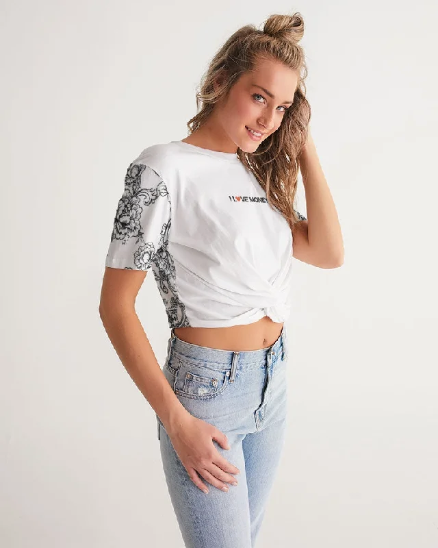 Hot Girl LOVE MONEY Women's All-Over Print Twisted Graphic Short Sleeve Crop Tee