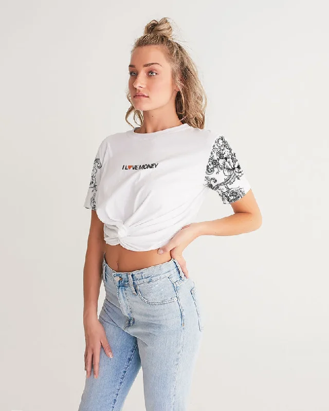 Hot Girl LOVE MONEY Women's All-Over Print Twisted Graphic Short Sleeve Crop Tee