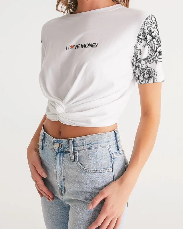 Hot Girl LOVE MONEY Women's All-Over Print Twisted Graphic Short Sleeve Crop Tee