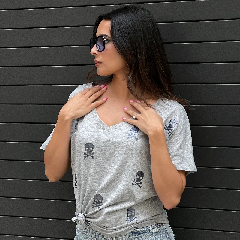 Iris Grey V-Neck T-Shirt - Violet Glitter Skulls & Crossbones