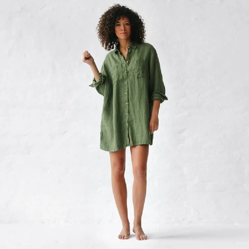 Seaside Tones Linen Boyfriend Shirt - Olive